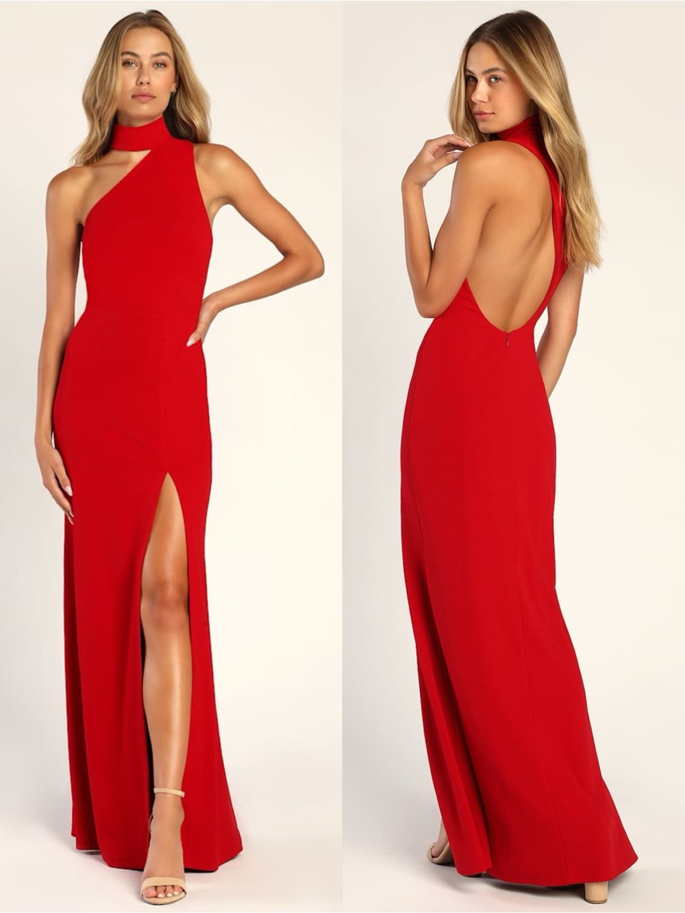 LULU’S Keep It Interesting Red Asymmetrical Cutout Halter Maxi Dress